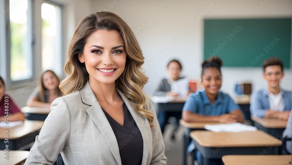 Pretty female teacher posing smiling in a classroom with blurred bokeh effect background Pretty female teacher posing smiling in a classroom with blurred bokeh effect background