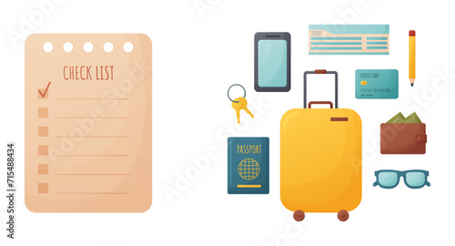 packing list, travel checklist, preparing for vacation, trip, journey, luggage, passport, wallet, keys, ticket, sunglasses, cartoon vector illustration