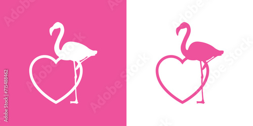 Silueta de flamingo de pie con corazón lineal. Icono romántico. Logo para su uso en felicitaciones y tarjetas de San Valentín