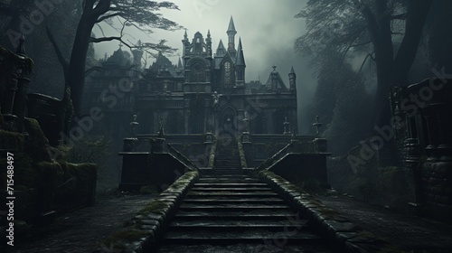 A haunted, centuries-old estate engulfed in perpetual mist, its Gothic architecture and moss-covered walls creating an ominous sight - Generative AI