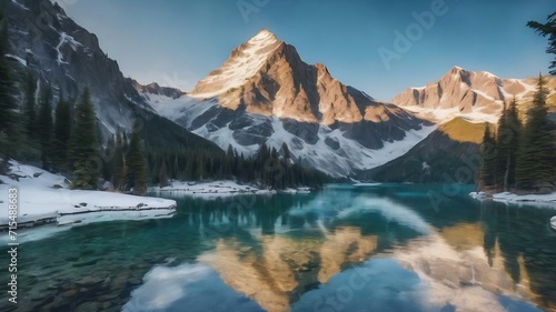 Beautiful shot of a crystal clear lake next to a snowy mountain base during a sunny day © Wix