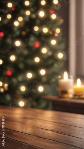 3d render of a wooden table looking out to a defocussed christmas tree