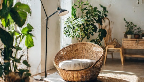 rattan armchair and floor lamp in living room interior with plants cozy interior in boho style real photo