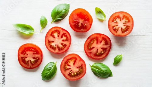 slices of tomato and basil leaves isolated on white background top view flat lay