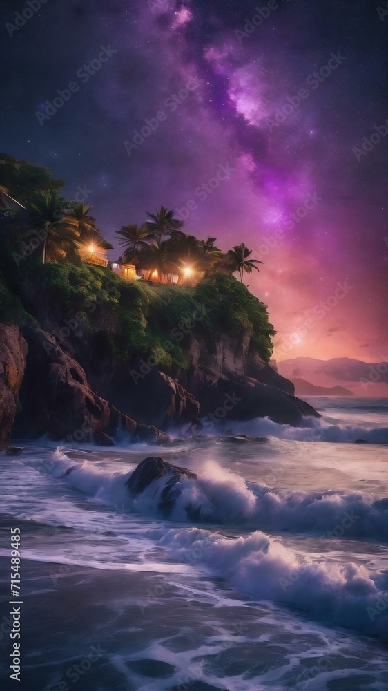 Breathtaking shot of the sea under a dark and purple sky filled with stars