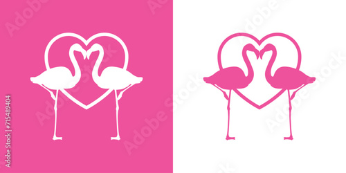 Silueta de dos flamingos de pie sobre corazón lineal. Icono romántico. Logo para su uso en felicitaciones y tarjetas de San Valentín