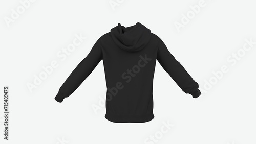 Blank black hoodie man and woman sportwear jacket empty print design mockup isolated sweatshirt oversized template back 3d rendering image