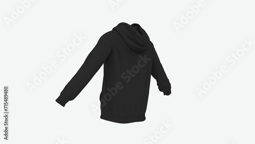 Blank black hoodie man and woman sportwear jacket empty print design mockup isolated sweatshirt oversized template back left perspective 3d rendering image