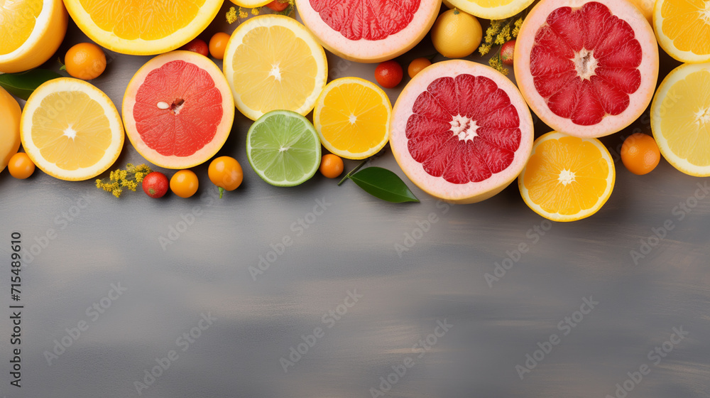 top view of orange grapefour and lemon citrus fruits with herbs on dark background top view of orange grapefour and lemon citrus fruits with herbs on dark background