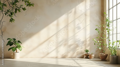 interior background of living room with stucco wall and pot with plant 3d rendering. Generative AI
