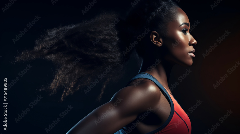 Side stop motion photography of a female black african woman runner who is about to run Side stop motion photography of a female black african woman runner who is about to run