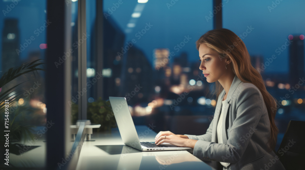 Professional business woman sitting at her modern, organized office desk in a skyscraper, working late on the evening on her laptop, with a view of the bustling cityscape in the background. - obrazy, fototapety, plakaty 