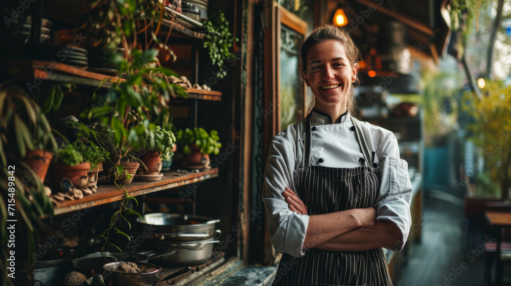 Naklejka premium Adult woman chef de cuisine, standing in front of her restaurant