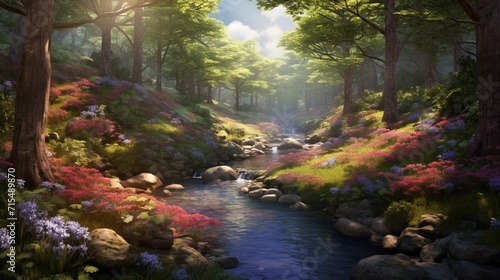 A hidden glen within the forest, showcasing a lush carpet of wildflowers, a burst of colors accentuating the elegant tranquility of the woodland - Generative AI © Huzaifa