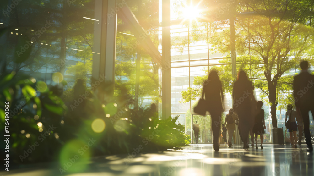 Blurred background of people walking in a modern office building with green trees and sunlight , eco friendly and ecological responsible business concept image with copy space - obrazy, fototapety, plakaty 