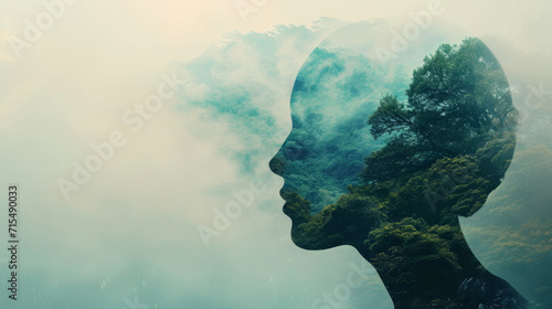 Outline of a human head containing a serene landscape background, symbolizing the concept of inner peace and mental tranquility with copy space photo