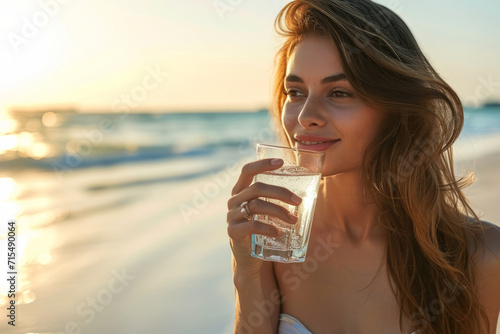 Hydration concept image with young beautiful girl drinking a glass of water on the beach on hot sunny summer heatwave day