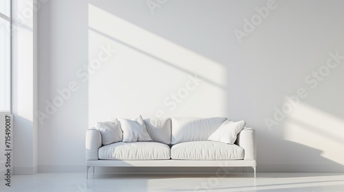 White concrete mock-up wall with white fabric sofa and pillows modern interior. Minimalist home interior design. Generative AI