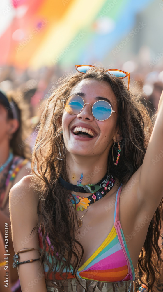 Vertical view capturing moments of audience laughter and engagement during summer festival with young woman having fun Vertical view capturing moments of audience laughter and engagement during summer festival with young woman having fun