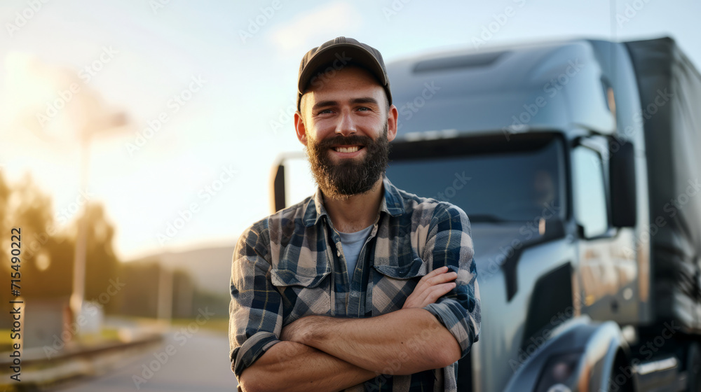 Young male truck driver standing in front of his truck, arms crossed, smiling at the camera, bearded man, wearing a hat Young male truck driver standing in front of his truck, arms crossed, smiling at the camera, bearded man, wearing a hat
