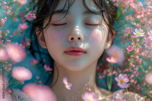 Portrait of a young dreamy 10-year-old Asian girl with a natural posture, the core of her vacation, youthful energy, in flower field in blooming spring