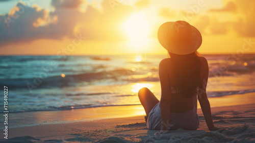 Woman with hat vacationing at sunrise at the beach looking at the ocean with Copy Space , summer holiday background image