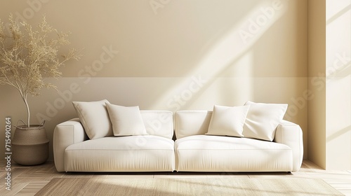 Beige concrete mock-up wall with white fabric sofa and pillows modern interior. Minimalist home interior design. Generative AI