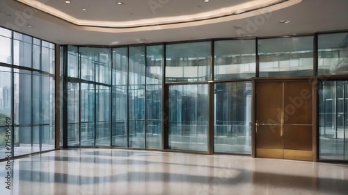 Blurred abstract background interior view looking out toward to empty office lobby and entrance doors and glass curtain wall with frame