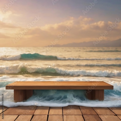 Beach product background with wooden counter for product presentation