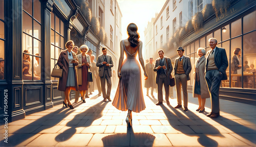 A serene street scene with a group of people looking at a lady walking. The lady is elegantly dressed and walking confidently.