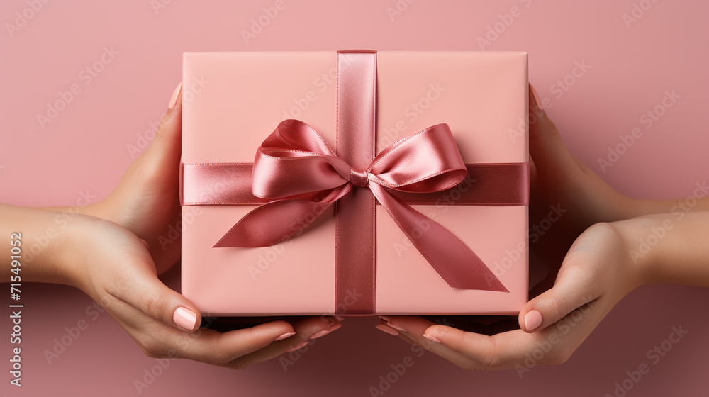 Happy woman holding a gift box Happy woman holding a gift box