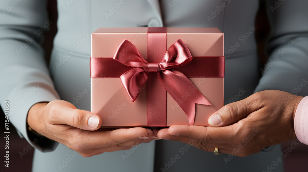 Happy woman holding a gift box Happy woman holding a gift box