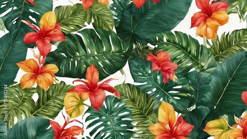 Beautiful tropical leaves on a white background. poster banner, postcard template.