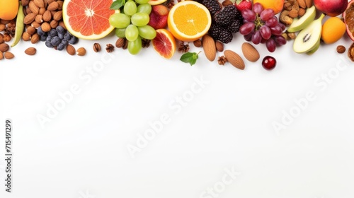 Ramadan Background - Collection of Ramadan Fruits and Nuts on white background  flat lay. copy space - generative ai