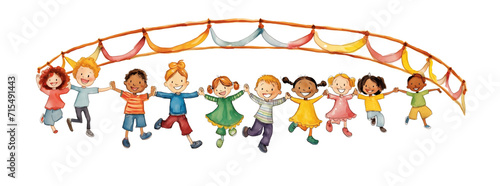 Group of children holding hands, joyful event, special occasion, holiday, fair, festival, merry decoration, nursery school activity, dancing a farandole, round dance, good time having fun with friends © Muriel