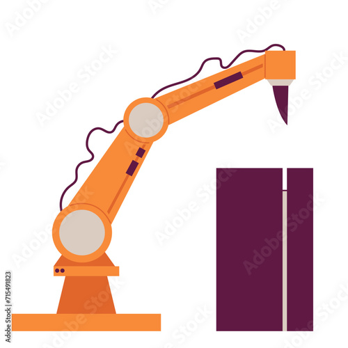 Industrial robots manipulators. Knife, cutter. Robotized arm, modern industry robotically technology, conveyor. Factory machinery automatic.