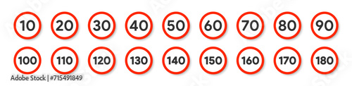 Road speed limit icon. Traffic regulation. Highway warning sign. Vector illustration.
