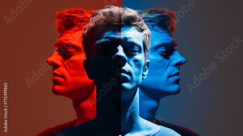 Overlaid image of three men's faces in stereoscopic blue and red colors