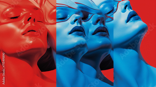 Overlaid images of a woman's face in stereoscopic blue and red colors photo