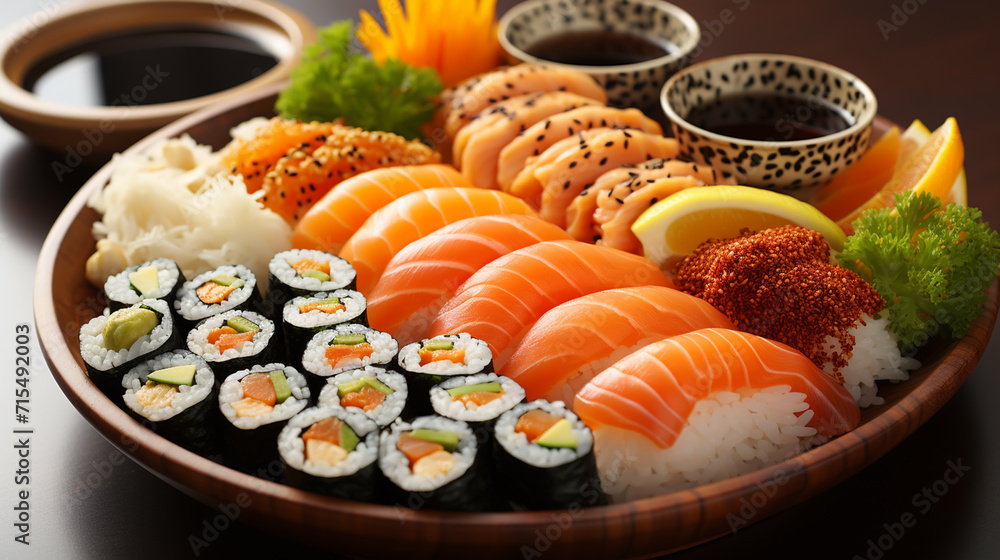A hand holds chopsticks with Japanese sushi rolls on a plate and soy sauce on a pink background with a hard shadow. Concept food photography. A hand holds chopsticks with Japanese sushi rolls on a plate and soy sauce on a pink background with a hard shadow. Concept food photography.