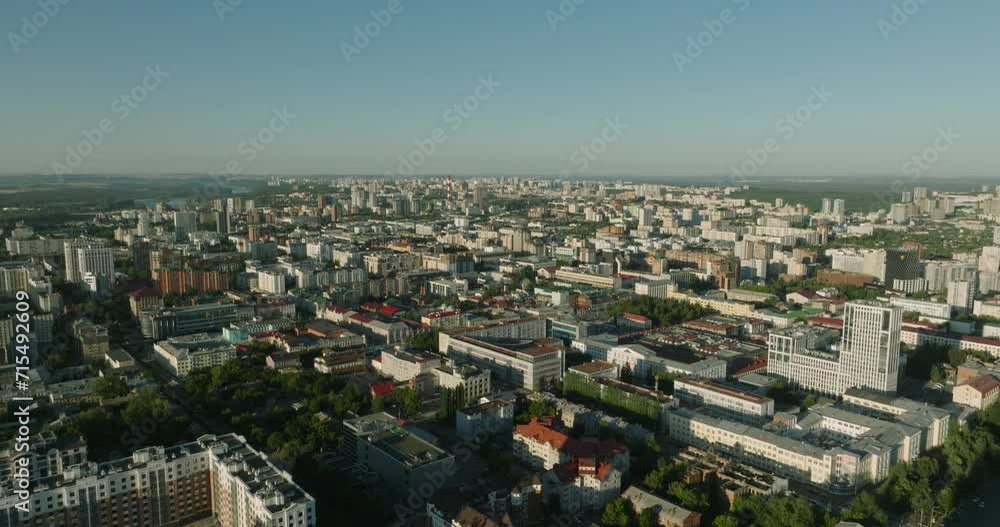 Ufa capital Republic of Bashlortostan, Russia. Cityscape aerial drone view on City Center, beautiful aerial view at summer sunny sunset Ufa capital Republic of Bashlortostan, Russia. Cityscape aerial drone view on City Center, beautiful aerial view at summer sunny sunset