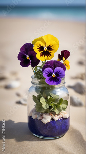 A Captivating Pansy Jar Amidst Beach Serenity AI GENERATED