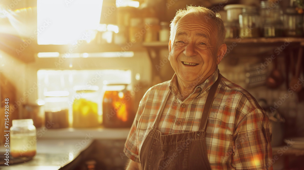 Joyful senior chef with gray hair, wearing glasses and an apron, stands in a warm, sunlit kitchen filled with shelves of spices
