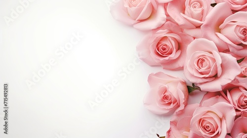 Composition. pink roses on white background. Valentine s day-wedding. greeting card. presentation. advertisement. copy text space.