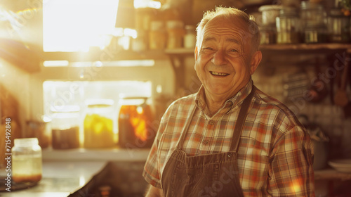 Joyful senior chef with gray hair, wearing glasses and an apron, stands in a warm, sunlit kitchen filled with shelves of spices 