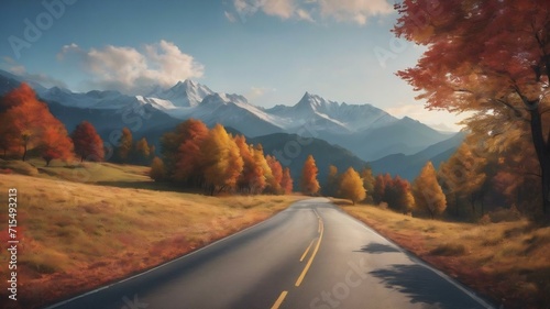 Autumn themed country road with mountain range concept