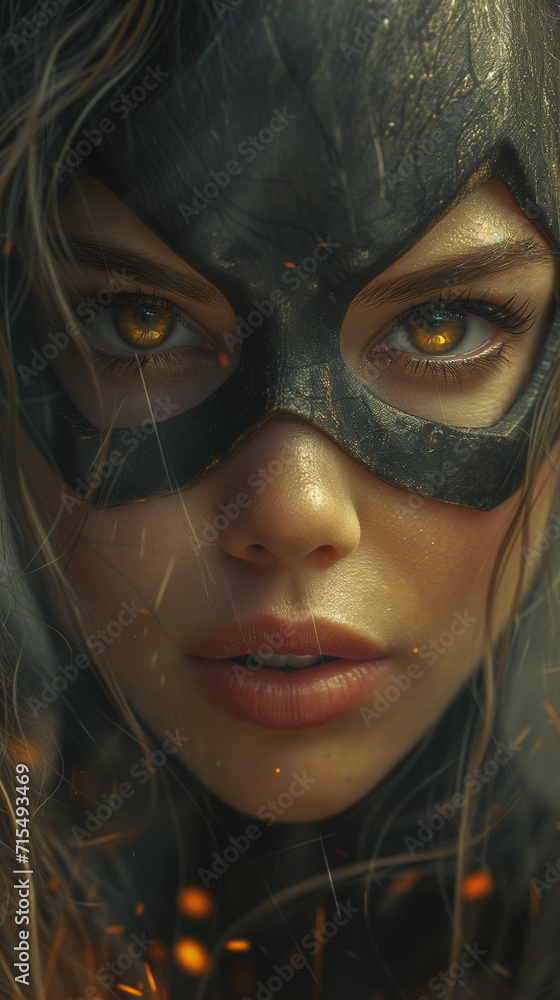 An enigmatic close-up of the superhero's eyes, reflecting a burning cityscape. This shot captures the depth of her resolve and the weight of responsibility she bears. The focus on her eyes against th