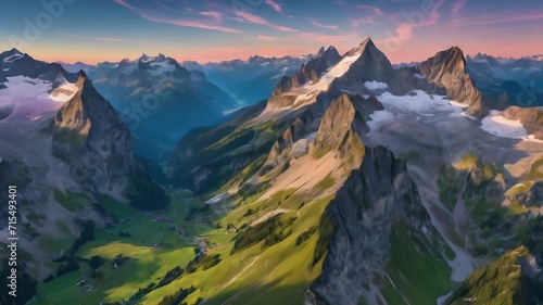 Beautiful aerial shot of fronalpstock mountains in switzerland under the beautiful pink and blue sky