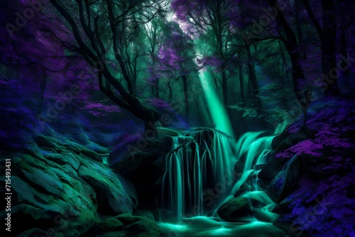 natural greenery in the dark night in the open blue sky shinning with moon lights dark green cave with little light crossing from the cave under the majestic sky and greenery abstract night green 