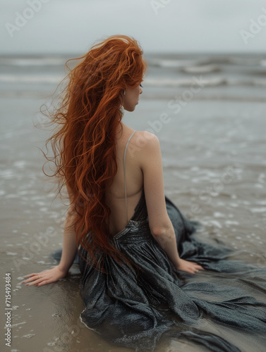 A woman with red hair sitting on the beach, in the style of dark silver and dark gray, body extensions, karencore, wildstyle, glimmering transformation, i can't believe how beautiful this is, adonna k photo